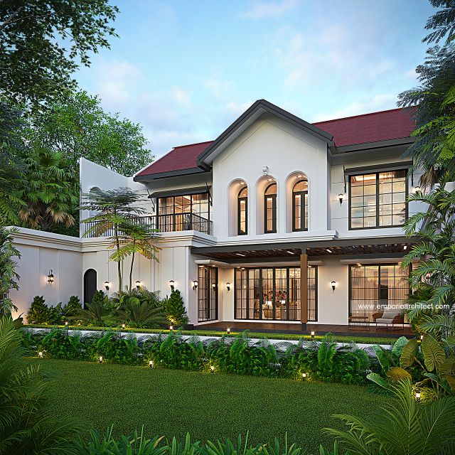 Desain Tampak Belakang Rumah American Klasik 2 Lantai Ibu DNA di Bandung