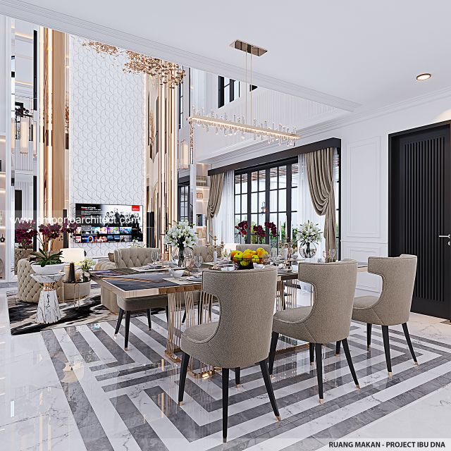 Desain Ruang Makan Rumah American Klasik 2 Lantai Ibu DNA di Bandung