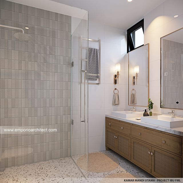 Desain Kamar Mandi Utama Rumah American Klasik 2 Lantai Ibu FML di Cibubur, Jawa Barat