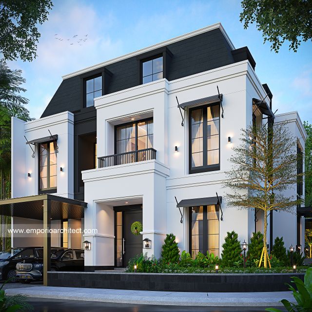 Desain Tampak Hook Rumah American Klasik 2 Lantai Ibu FML di Cibubur, Jawa Barat