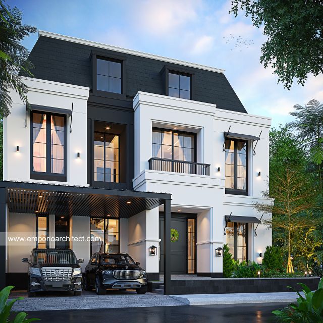 Desain Tampak Depan Rumah American Klasik 2 Lantai Ibu FML di Cibubur, Jawa Barat