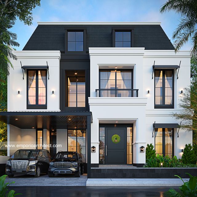 Desain Tampak Depan 2 Rumah American Klasik 2 Lantai Ibu FML di Cibubur, Jawa Barat