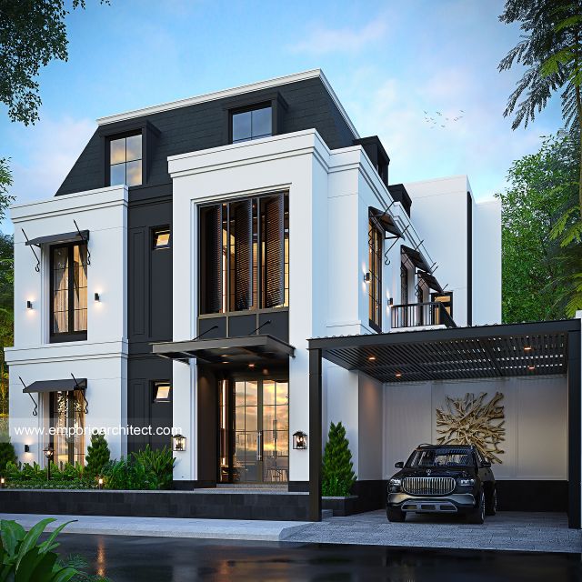 Desain Tampak Samping Rumah American Klasik 2 Lantai Ibu FML di Cibubur, Jawa Barat