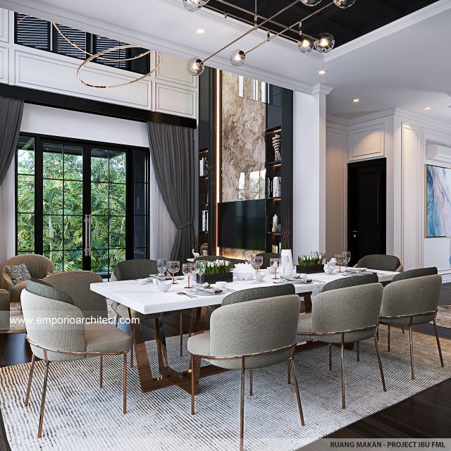 Desain Ruang Makan Rumah American Klasik 2 Lantai Ibu FML di Cibubur, Jawa Barat