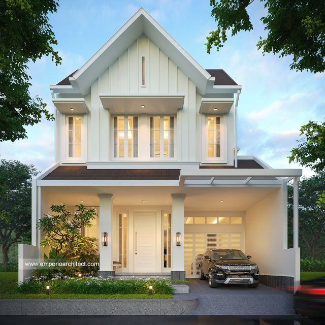 Desain Tampak Depan 2 Rumah American Klasik 2 Lantai Bapak RM di Bintaro, Jakarta Selatan