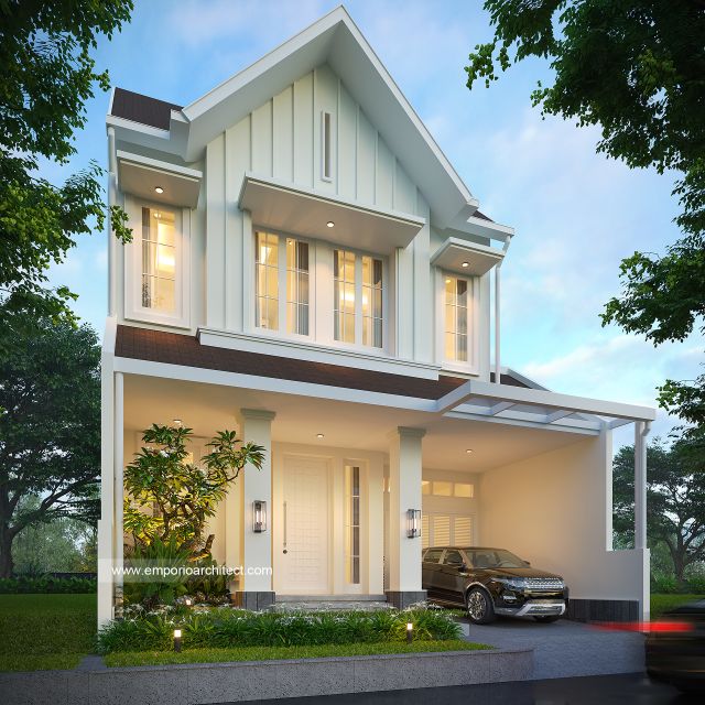 Desain Tampak Depan 3 Rumah American Klasik 2 Lantai Bapak RM di Bintaro, Jakarta Selatan