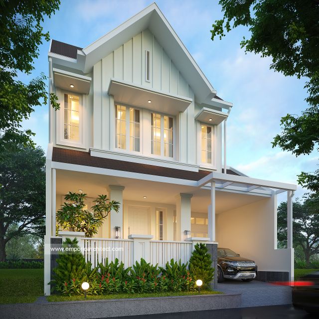 Desain Tampak Depan Dengan Pagar Rumah American Klasik 2 Lantai Bapak RM di Bintaro, Jakarta Selatan