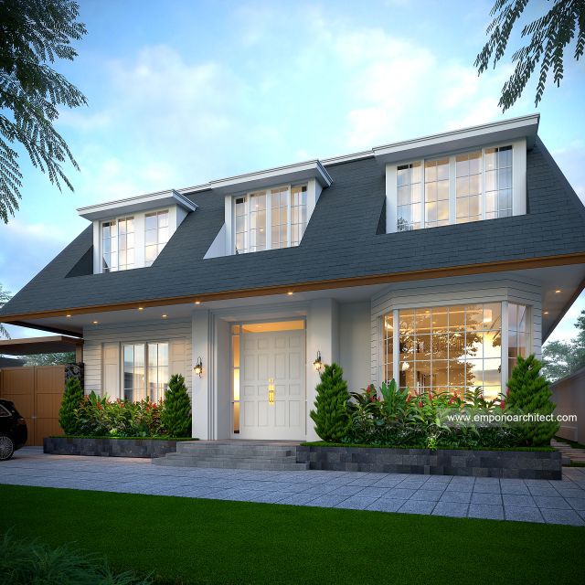 Desain Tampak Depan Rumah American Klasik 2 Lantai Ibu DN di Malang