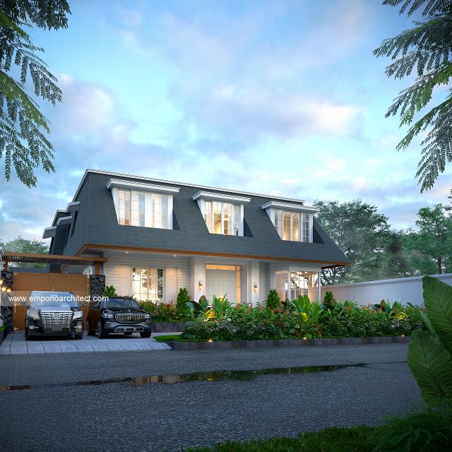 Desain Tampak Depan 2 Rumah American Klasik 2 Lantai Ibu DN di Malang