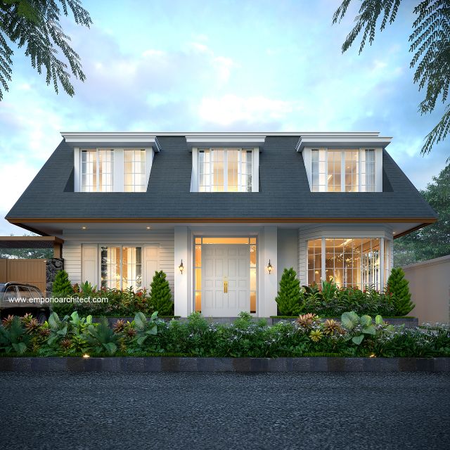 Desain Tampak Depan 3 Rumah American Klasik 2 Lantai Ibu DN di Malang