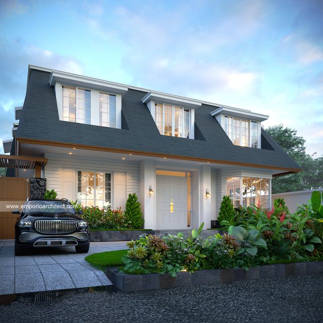 Desain Tampak Depan 4 Rumah American Klasik 2 Lantai Ibu DN di Malang