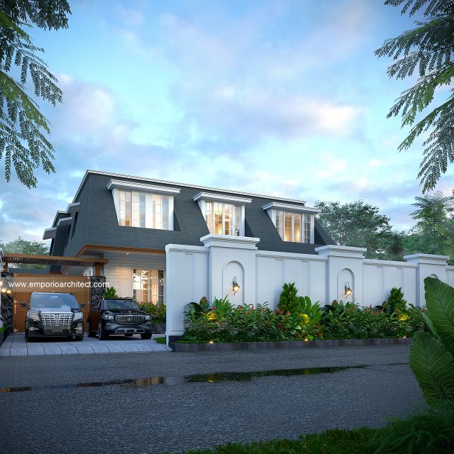 Desain Tampak Depan Dengan Pagar Rumah American Klasik 2 Lantai Ibu DN di Malang