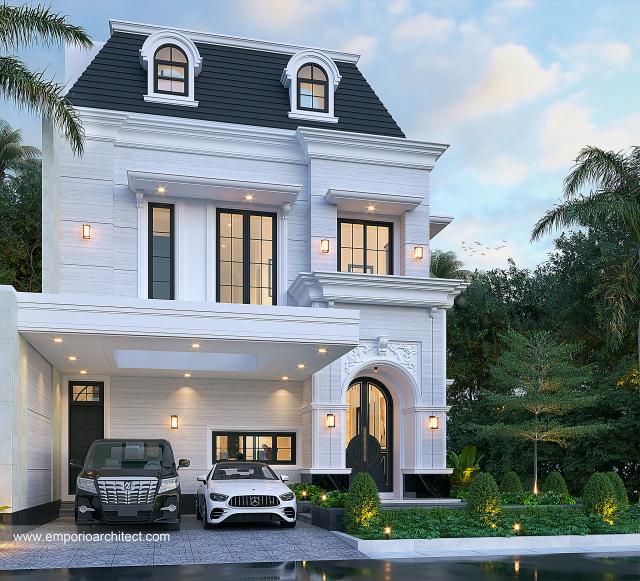 Desain Tampak Depan Rumah Mediteran Klasik 2.5 Lantai Bapak RKV di Tangerang