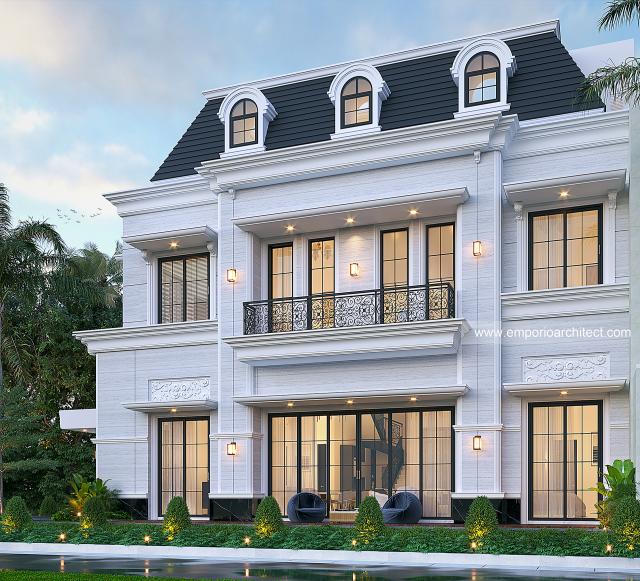 Desain Tampak Samping Rumah Mediteran Klasik 2.5 Lantai Bapak RKV di Tangerang
