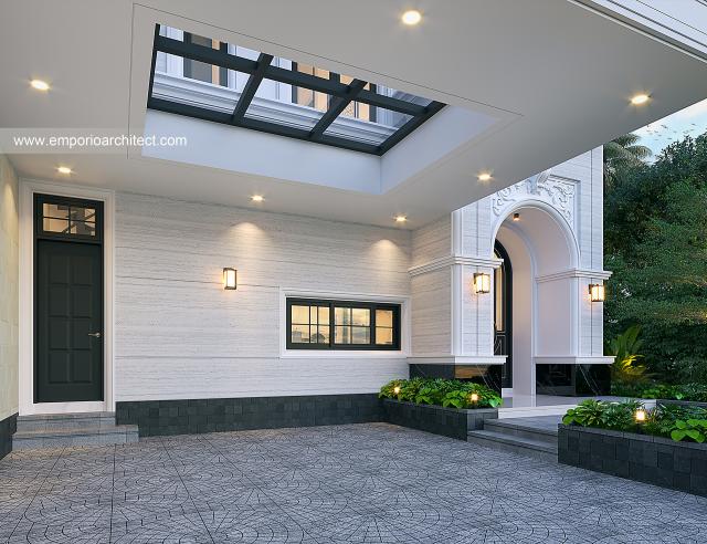 Desain Tampak Detail Depan Rumah Mediteran Klasik 2.5 Lantai Bapak RKV di Tangerang