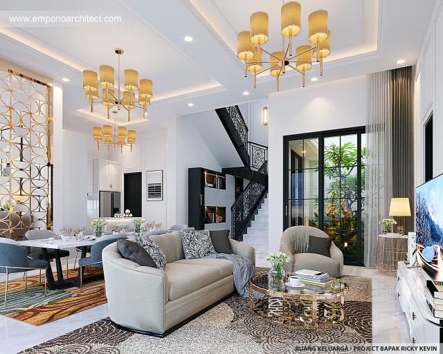 Desain Ruang Keluarga Rumah Mediteran Klasik 2.5 Lantai Bapak RKV di Tangerang