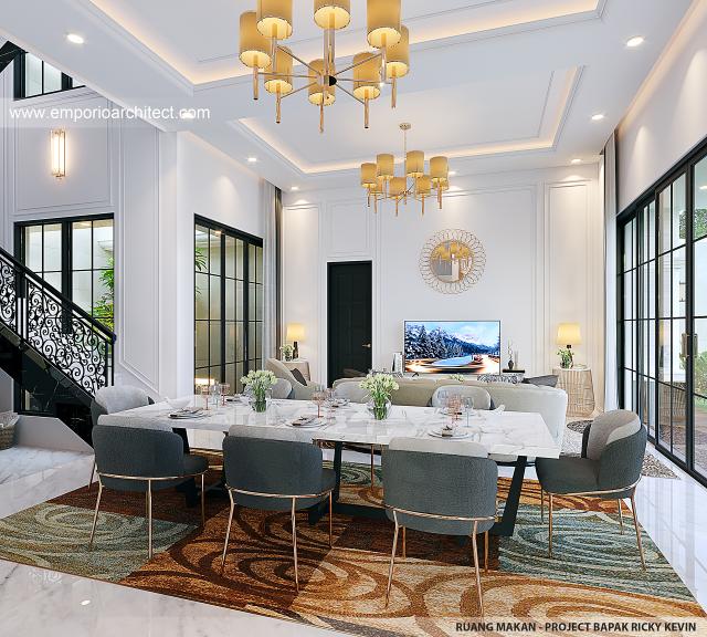 Desain Ruang Makan Rumah Mediteran Klasik 2.5 Lantai Bapak RKV di Tangerang