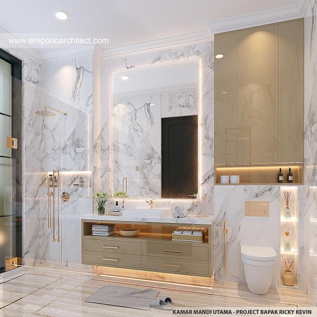 Desain Kamar Mandi Utama Rumah Mediteran Klasik 2.5 Lantai Bapak RKV di Tangerang