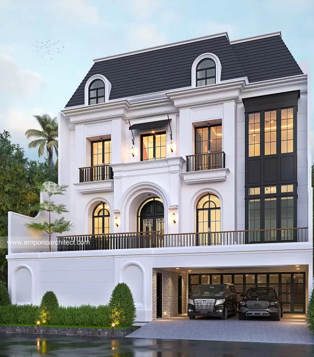 Desain Tampak Depan 3 Rumah Mediteran Klasik 3 Lantai Bapak AJS di Jakarta Selatan