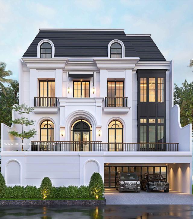 Desain Tampak Depan 4 Rumah Mediteran Klasik 3 Lantai Bapak AJS di Jakarta Selatan