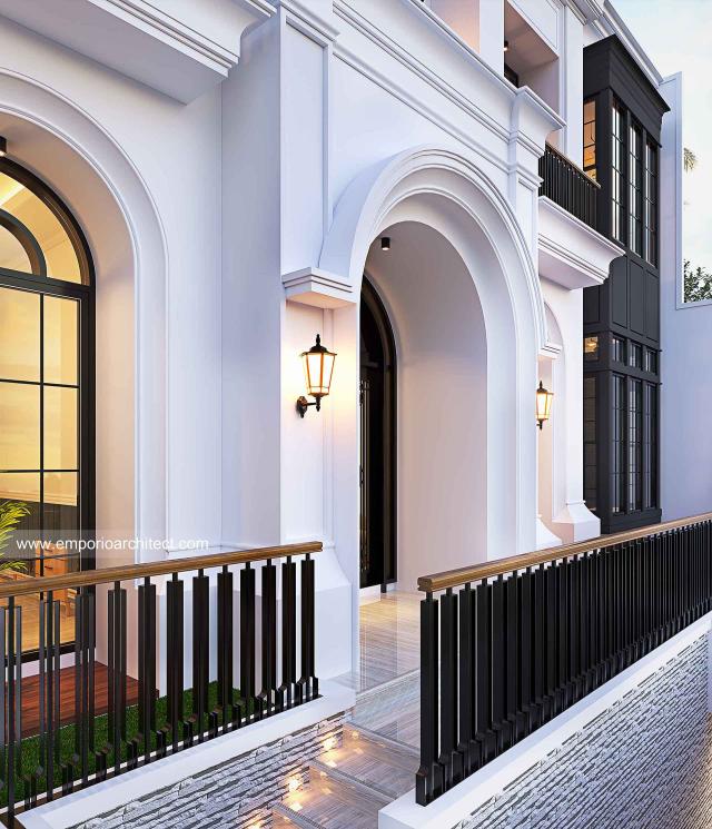 Desain Tampak Detail Depan 2 Rumah Mediteran Klasik 3 Lantai Bapak AJS di Jakarta Selatan