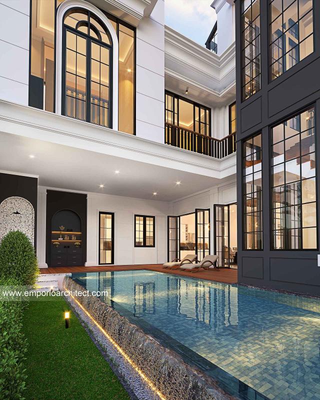 Desain Tampak Detail Belakang Rumah Mediteran Klasik 3 Lantai Bapak AJS di Jakarta Selatan