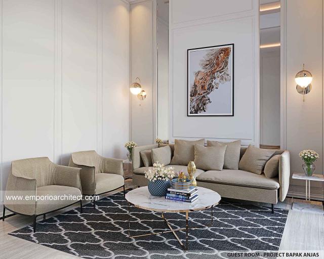 Desain Ruang Tamu Rumah Mediteran Klasik 3 Lantai Bapak AJS di Jakarta Selatan