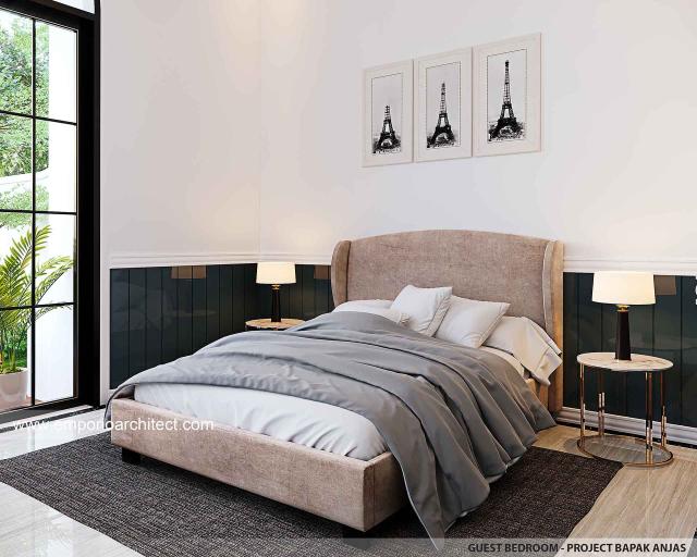 Desain Kamar Tidur Tamu Rumah Mediteran Klasik 3 Lantai Bapak AJS di Jakarta Selatan
