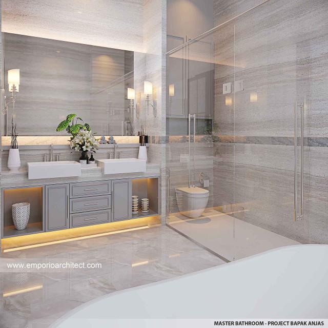 Desain Kamar Mandi Utama Rumah Mediteran Klasik 3 Lantai Bapak AJS di Jakarta Selatan