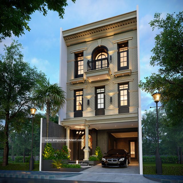 Desain Tampak Depan 2 Rumah American Klasik 4 Lantai Bapak K di PIK, Jakarta Utara