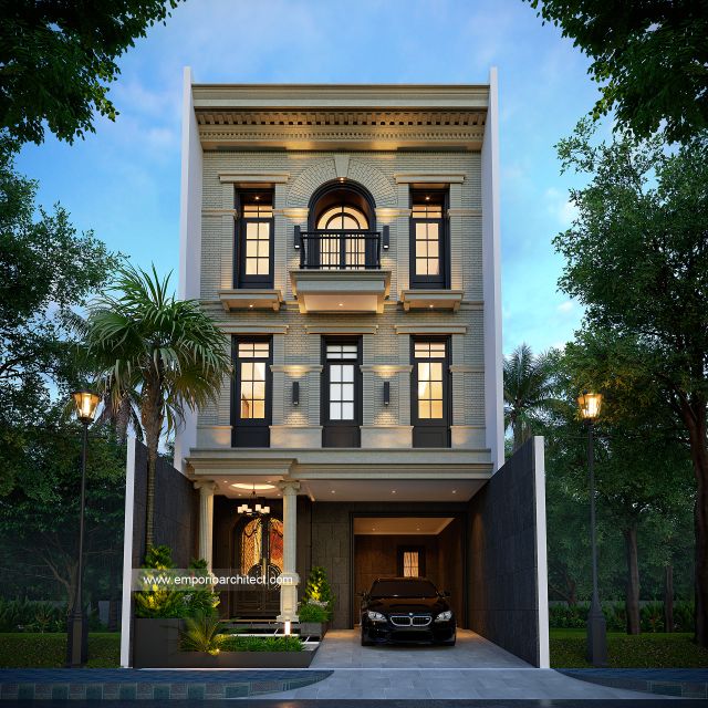 Desain Tampak Depan 3 Rumah American Klasik 4 Lantai Bapak K di PIK, Jakarta Utara