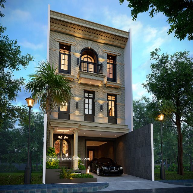 Desain Tampak Depan 4 Rumah American Klasik 4 Lantai Bapak K di PIK, Jakarta Utara