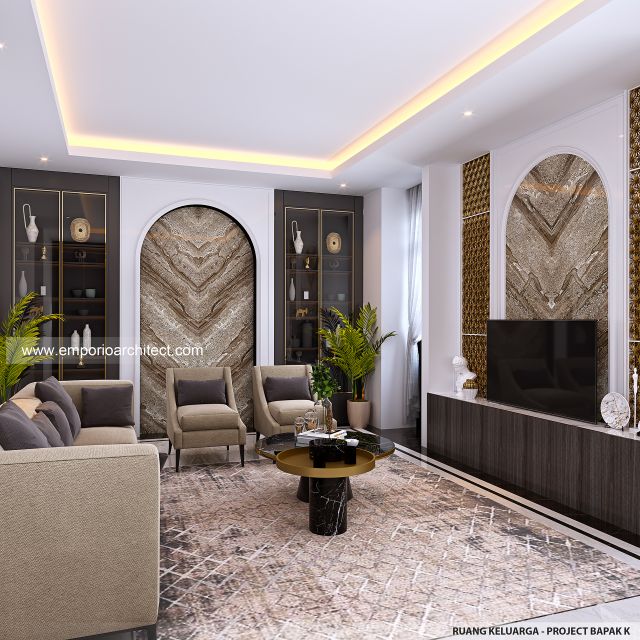 Desain Ruang Keluarga Rumah American Klasik 4 Lantai Bapak K di PIK, Jakarta Utara