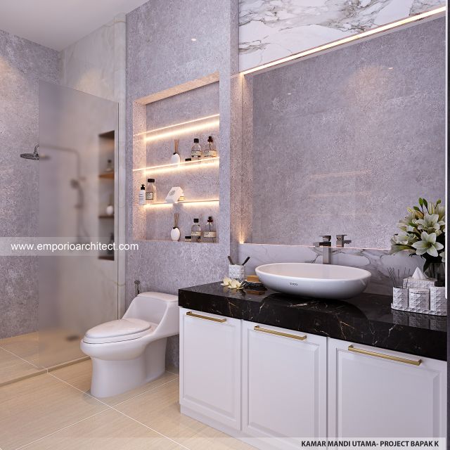 Desain Kamar Mandi Utama Rumah American Klasik 4 Lantai Bapak K di PIK, Jakarta Utara