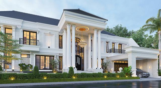 Desain Tampak Depan 1 Rumah Classic 2 Lantai Ibu INN di Kendari, Sulawesi Tenggara
