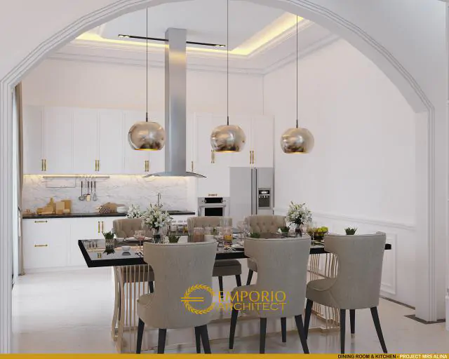 Desain Ruang Makan dan Dapur Rumah Classic 2 Lantai Ibu Alina di Badung, Bali