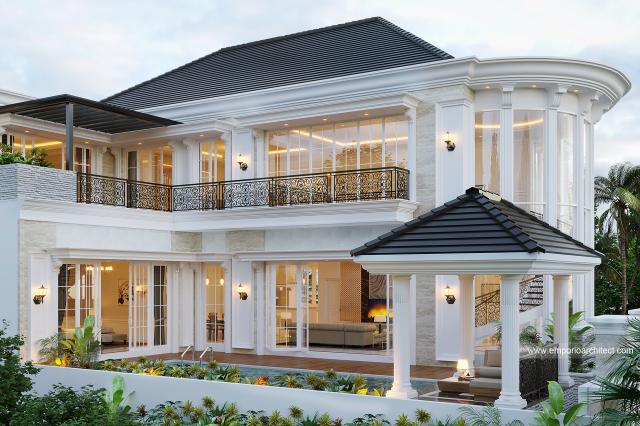 Desain Tampak Belakang Rumah Classic 2.5 Lantai Ibu CLD di Tangerang, Banten
