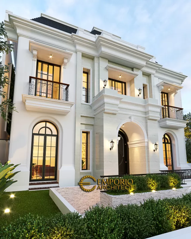Desain Tampak Depan Lookup Kiri Rumah Mediteran 3 Lantai Bapak Candra di Jakarta