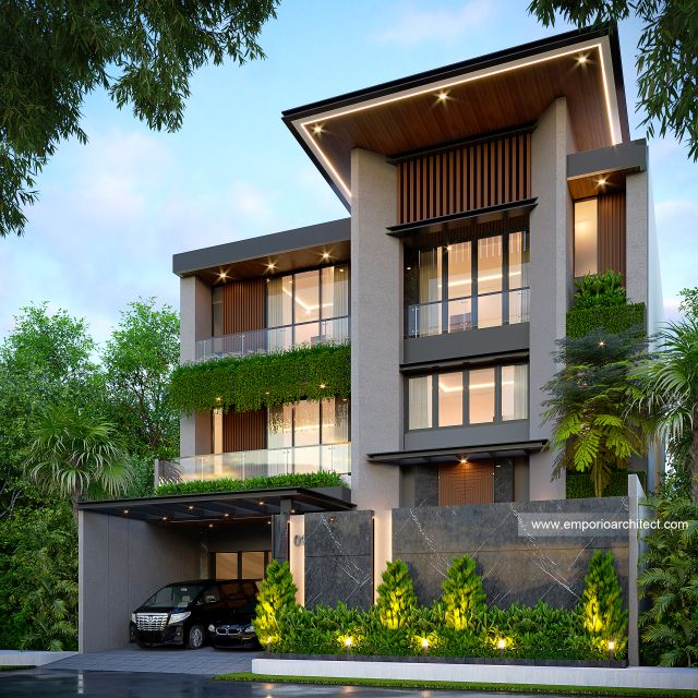 Desain Tampak Depan Dengan Pagar Rumah dan Kantor Modern Industrial 3 Lantai Bapak HKM di Bekasi