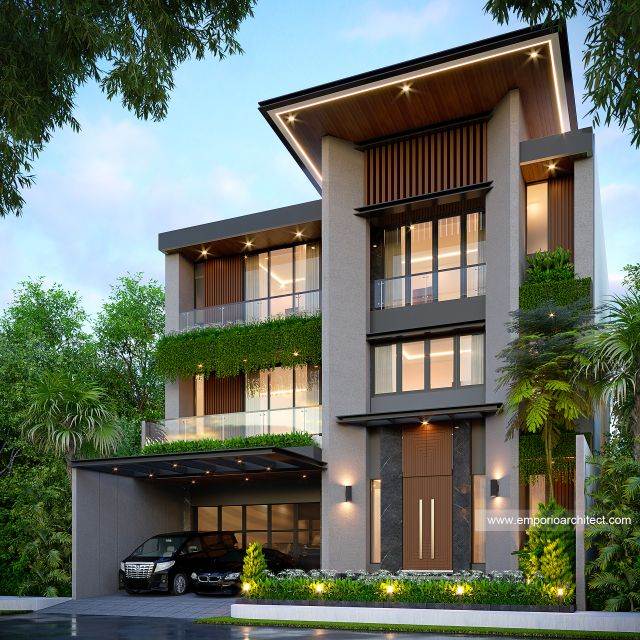 Desain Tampak Depan 2 Rumah dan Kantor Modern Industrial 3 Lantai Bapak HKM di Bekasi