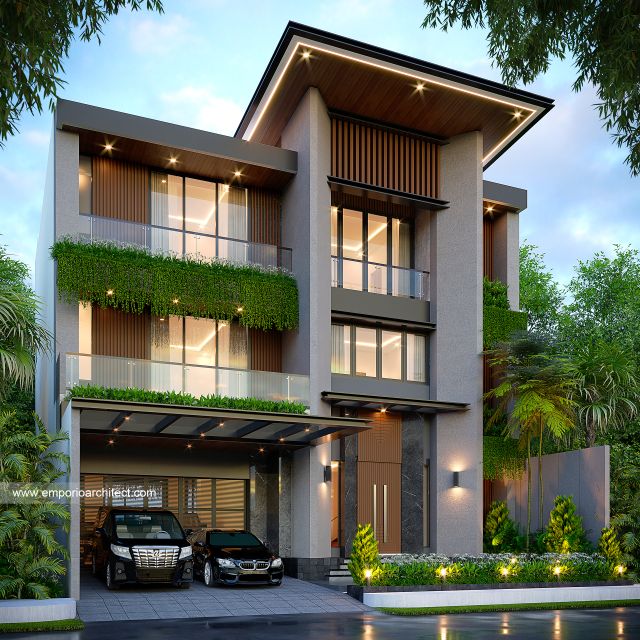 Desain Tampak Depan 3 Rumah dan Kantor Modern Industrial 3 Lantai Bapak HKM di Bekasi
