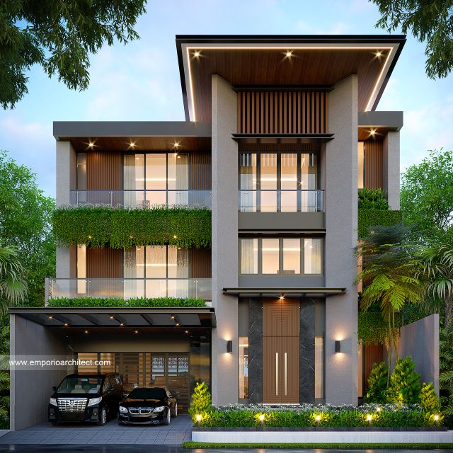 Desain Tampak Depan 4 Rumah dan Kantor Modern Industrial 3 Lantai Bapak HKM di Bekasi