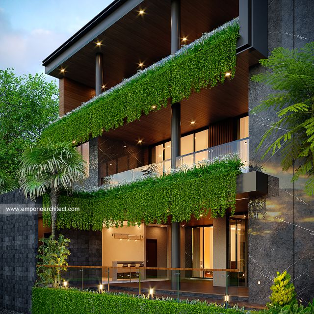 Desain Tampak Detail Belakang Rumah dan Kantor Modern Industrial 3 Lantai Bapak HKM di Bekasi