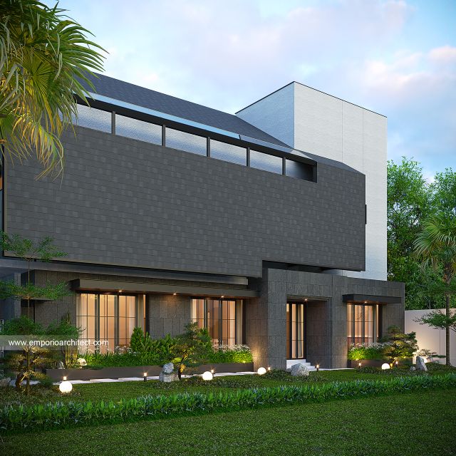 Desain Tampak Samping Kanan Rumah dan Kost Modern Kontemporer 2 Lantai Bapak BTJ dan Ibu RN II di Bekasi