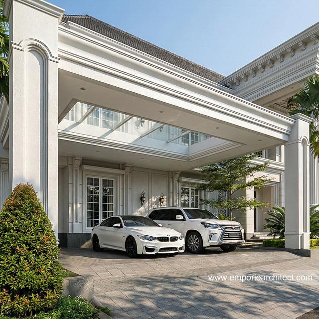 Desain Tampak Detail Depan Rumah Klasik 2 Lantai Bapak EWN II di Banten