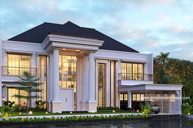 Desain Tampak Depan Kiri Rumah Klasik 2 Lantai Bapak EYD di Tasikmalaya, Jawa Barat