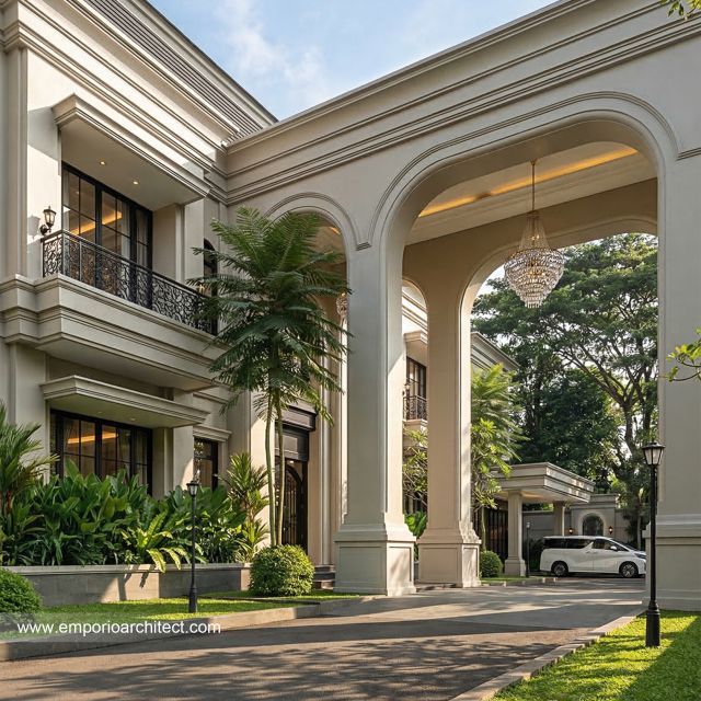 Desain Tampak Detail Depan 2 Rumah Klasik 2 Lantai Ibu MN di Aceh