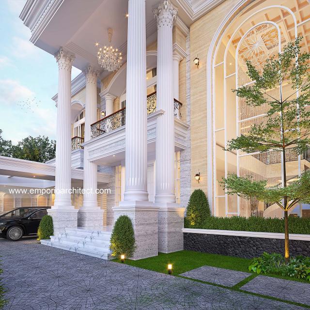 Desain Tampak Detail Depan 2 Rumah Klasik 2 Lantai Mr. HZ di BSD, Tangerang Selatan