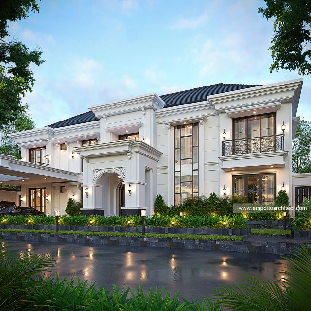 Desain Tampak Depan 2 Rumah Klasik 2 Lantai Bapak YMN di Kotamobagu, Sulawesi Utara