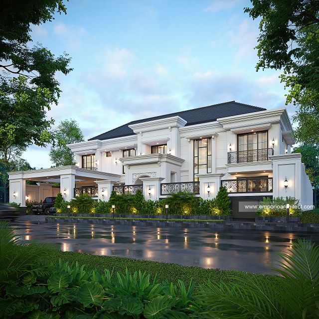 Desain Tampak Depan Dengan Pagar Rumah Klasik 2 Lantai Bapak YMN di Kotamobagu, Sulawesi Utara